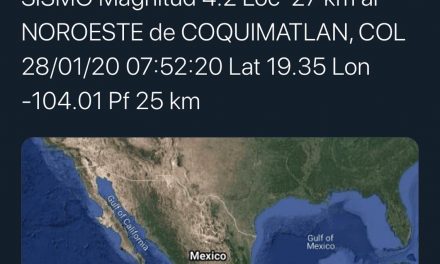 Se registro un temblor de 4.2 grados con epicentro en Coquimatlán